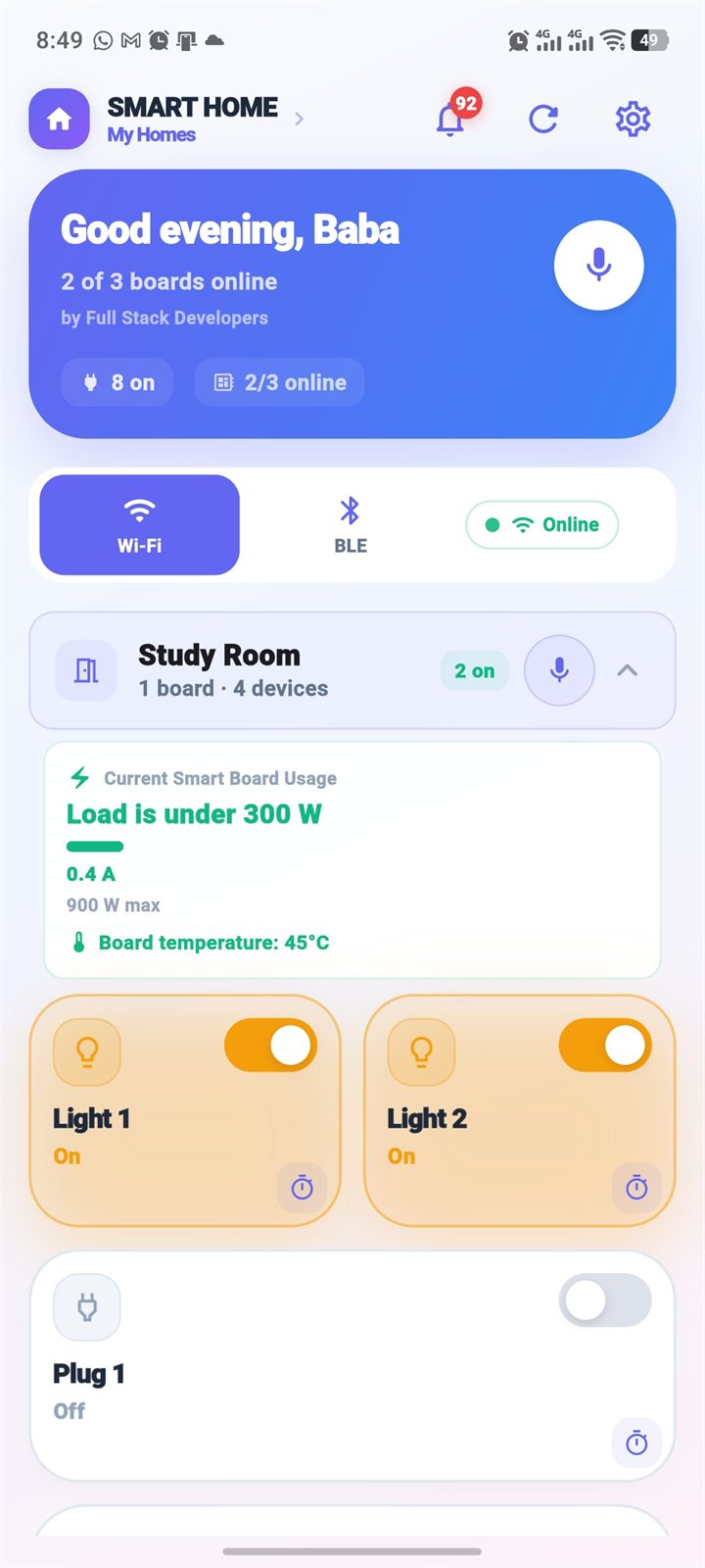 Smart Home app dashboard with room usage, lights and fan controls