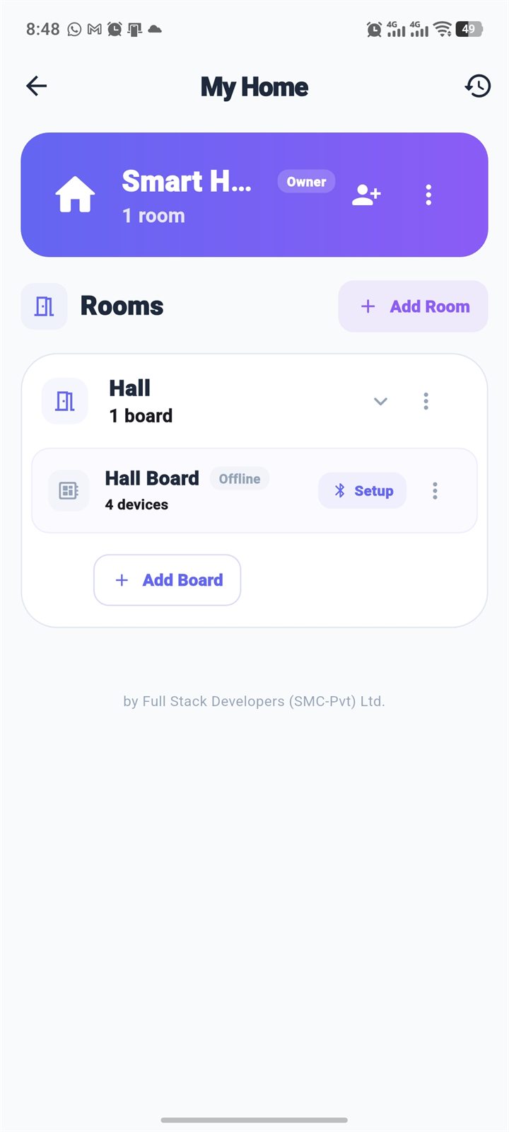 Smart Home app home screen listing rooms and boards