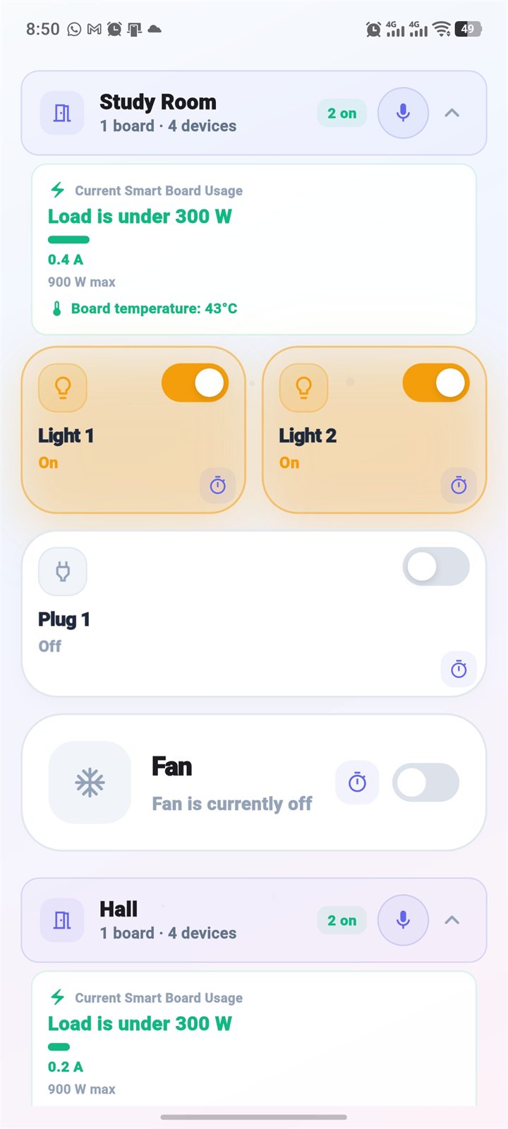 Smart Home app room view showing board usage and temperature